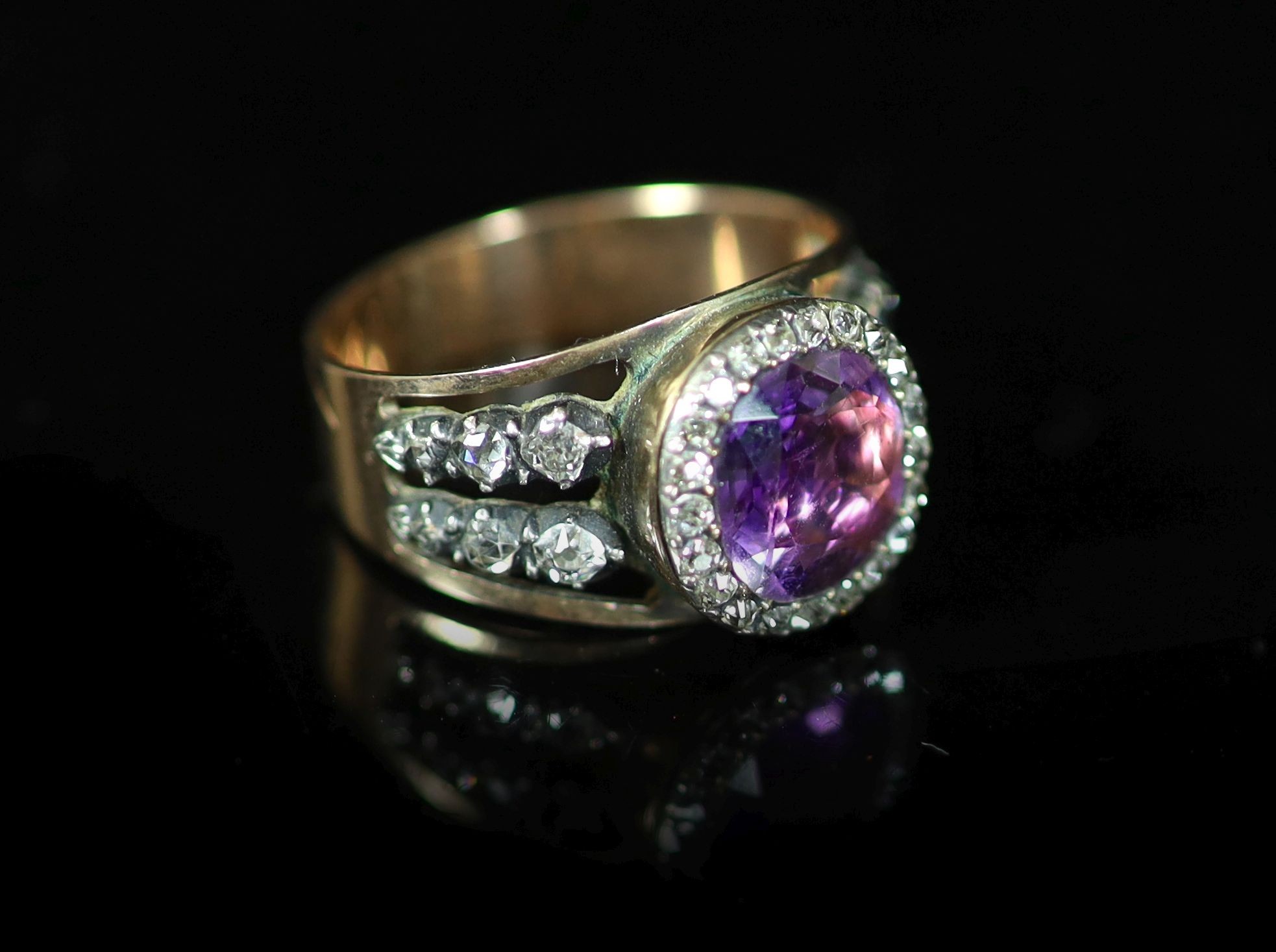 An antique gold, diamond and amethyst cluster ring